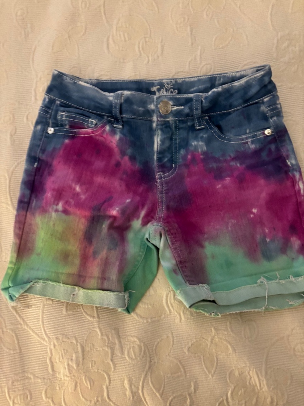 Justice Girls Tie Dye Frayed Denim Bermuda Shorts